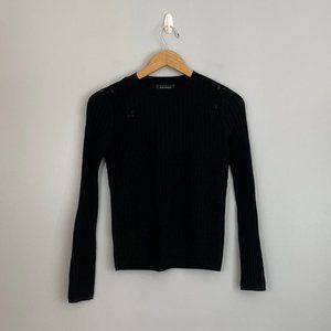 Club Monaco Ribbed and Open Weave Fine Knit Crewneck Sweater